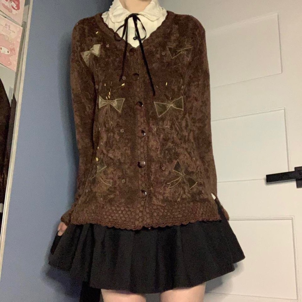 Kawaii Coffee Brown Ribbon Embroidered Cardigan